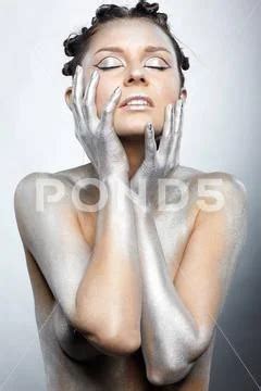 Nude Silver Girl Portrait Of Nude Girl Body Painted With Silver Posing On Stock Image 228974121