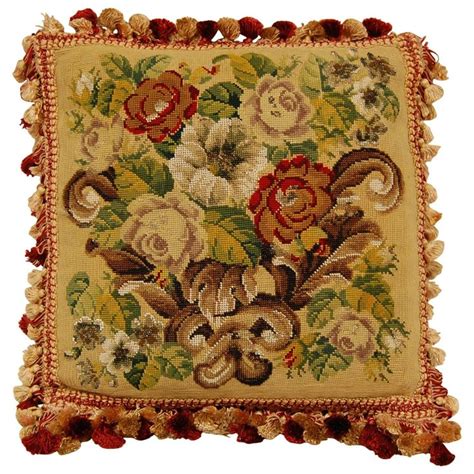 Early 20th Century Pillow With Needlepoint On Burgundy Velvet Backing