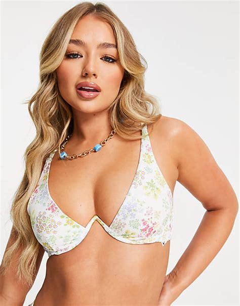 Asos Design Mix And Match V Underwired Bikini Top In Ditsy Floral Print Asos