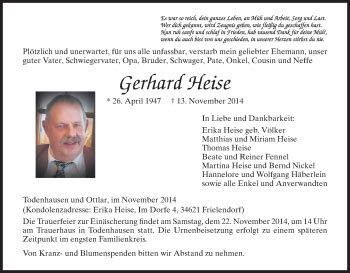 Traueranzeigen Von Gerhard Heise Trauer Hna De