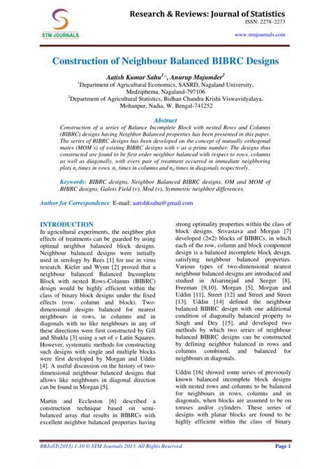 Pdf Construction Of Neighbour Balanced Bibrc Designs