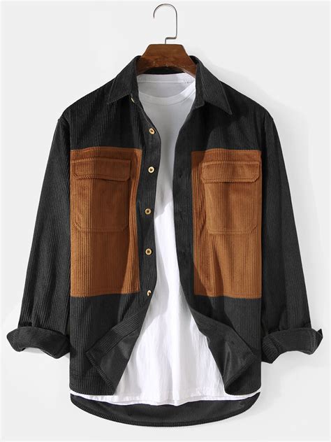 Mens Corduroy Solid Color Patchwork Double Pocket Long Sleeve Cargo