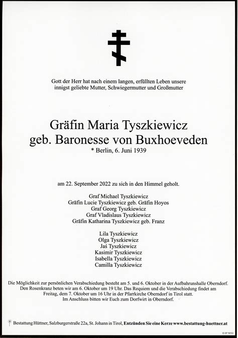 Gräfin Maria Tyszkiewicz Bestattung Hüttner