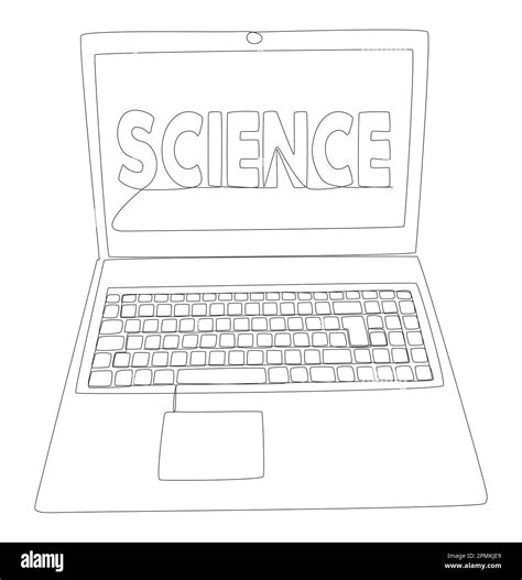 One continuous line of Laptop with Science word. Thin Line Illustration