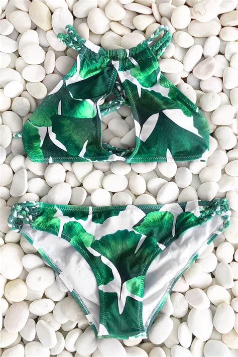 Green Ginkgo Leaves Halter Bikini Set