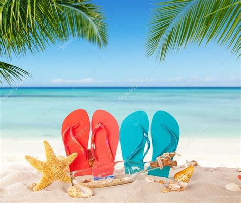 Summer Flipflops On Sandy Beach Stock Photo By Jag Cz 112262714