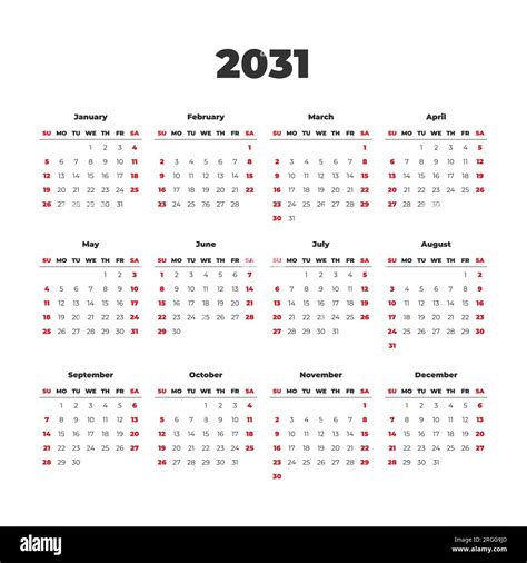 Simple Vector Calendar On 2031 Start From Sunday Stock Vector Image