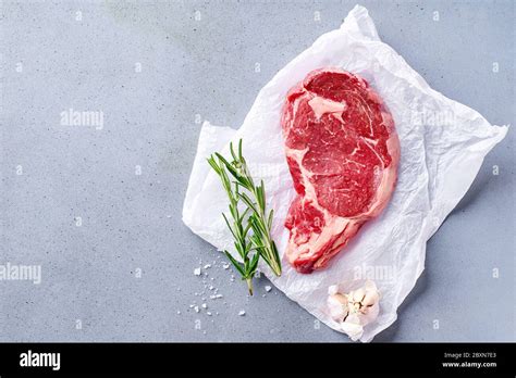 Top View Black Angus Prime Beef Rib Eye Steak Ready For Barbecue On