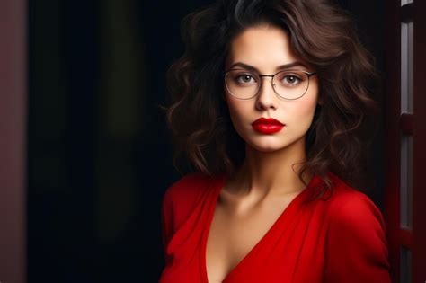 Premium Photo Woman With Glasses And Red Dress Is Posing For Picture Generative Ai