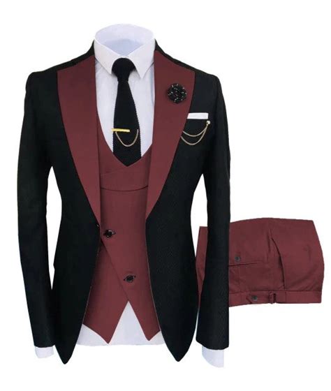 Burgundy 3 Piece Suit Mens Wedding Prom Tuxedo