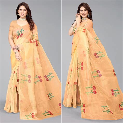 Orange Hand Printed Organza Saree