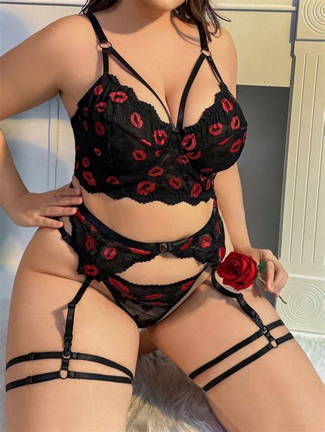 Plus Size Sexy Lace Lingerie Set With Lip Pattern And Hollow Out Detailing SHEIN USA