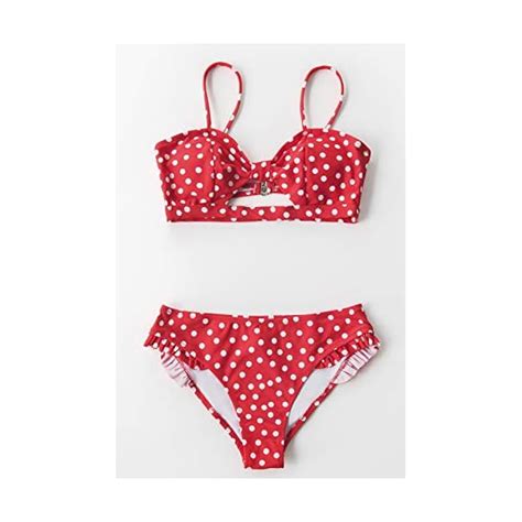 Cupshe Women’s Red Polka Dot Cutout Ruffles Back Hook Closure Bikini Sets Lingerie