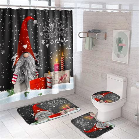 4 Pcs Christmas Gnome Shower Curtain Sets With Non Slip Rug Vintage Christmas Theme