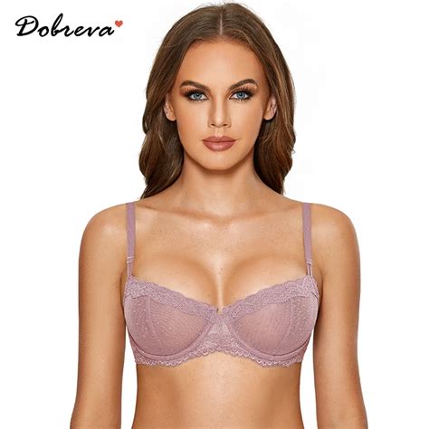 Dobreva Womens Sexy Lace Bra Underwire Balconette Unlined Demi Sheer Mesh Plus Size Bralette