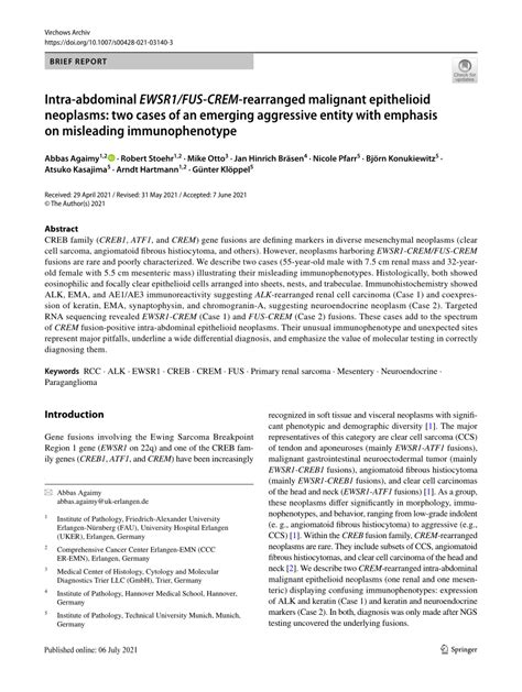 PDF Intra Abdominal EWSR1 FUS CREM Rearranged Malignant Epithelioid