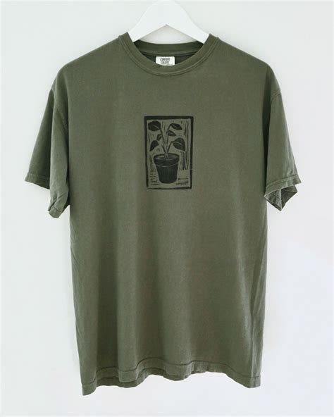 Linocut Print T Shirt Handprinted Plant Block Print Linoleum Block