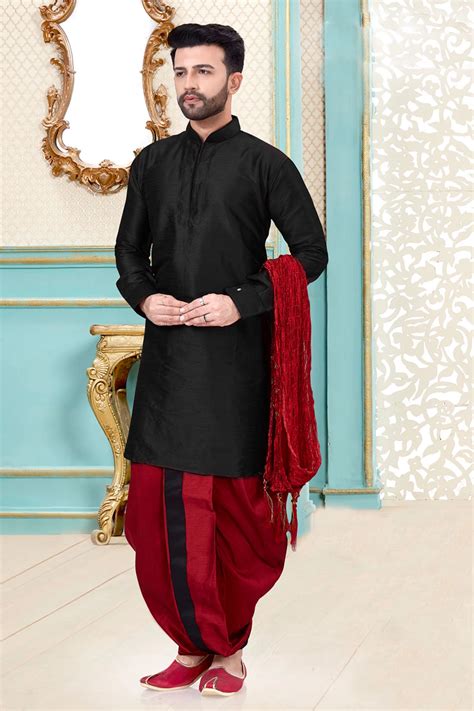 Solid Color Dupion Silk Kurta Set In Black Ucchal Fashion