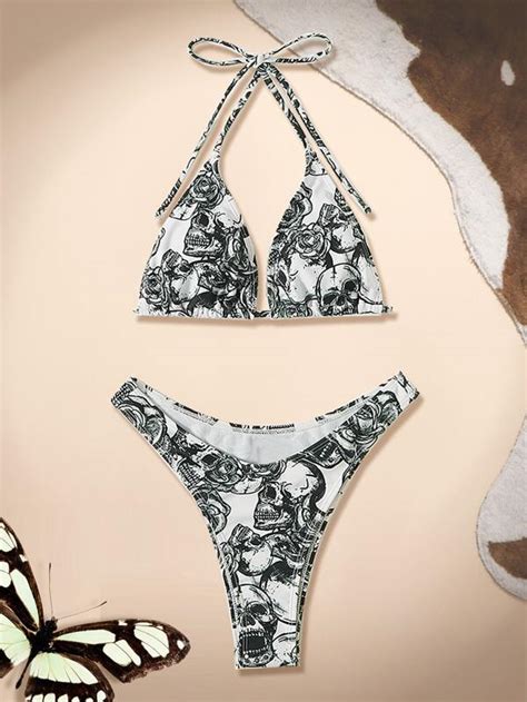 Shein Swim Y Glam Skull Floral Print Bikini Set Triangle Bra Top