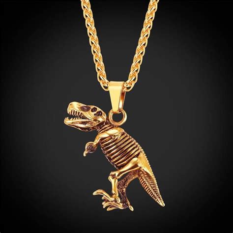 Tyrannosaurus Rex Pendant Necklace 18k Gold Plated Dinosaur Bones Punk Jewelry For Men