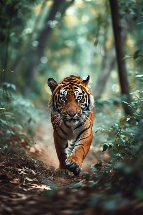 A Tiger Running through the Forest with Trees Behind it, in the Style ...