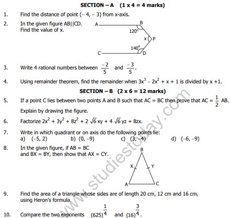 Cbse Class 9 Mathematics Sample Paper Set G