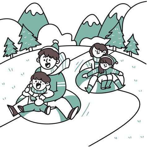 Familia feliz jugando en la nieve doodle ilustración Vector Premium