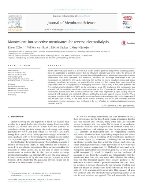 Pdf Monovalent Ion Selective Membranes For Reverse Electrodialysis