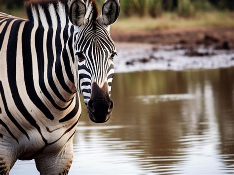 Premium Ai Image Zebra Standing In Water Looking At Camera With Trees