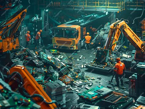 Vibrant Impressionistic 3D Recycling Depot with Dismantling Workers