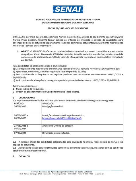 Senai Bolsa De Estudo - Edital de Bolsas de Estudo SENAI/SC 2025 | PDF