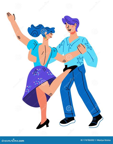 Bailarines En Estilo De Dibujos Animados Hombre Y Mujer Bailando Stock