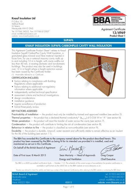 Bba Certificate Supafil Carbonplus Knauf Insulation