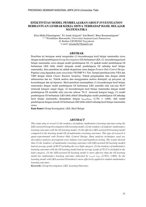 Pdf Efektivitas Model Pembelajaran Group Investigation Berbantuan