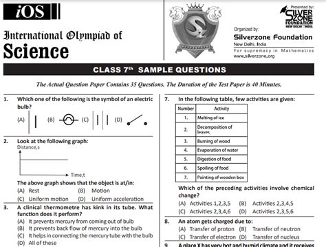 Nso Science Olympiad Sample Papers For Class 7 Olympiad Tester