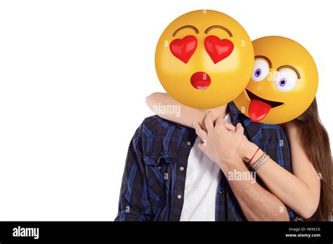 Portrait of an emoji head man and woman. Emoji and love concept ...