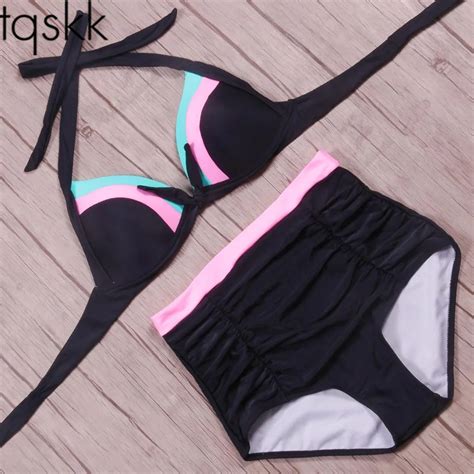 Tqskk Halter High Waist Bikinis 2019 New Sexy Solid Women Swimsuit