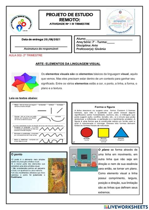 Ejercicio De Atividade De Arte Ano Elementos Da Linguagem Visual