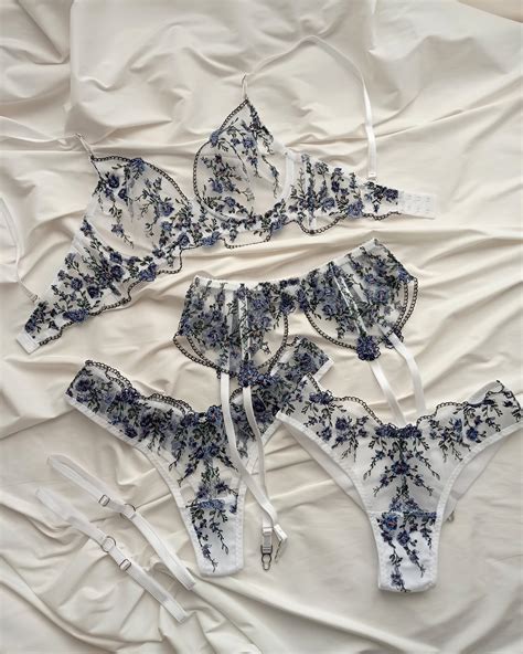 Lingerie Flower Embroidery Lingerie Floral Lingerie Set White Outline Etsy