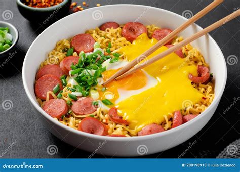 Ramen Noodles With Sausages Egg Melted Cheese And Scallion Microwave