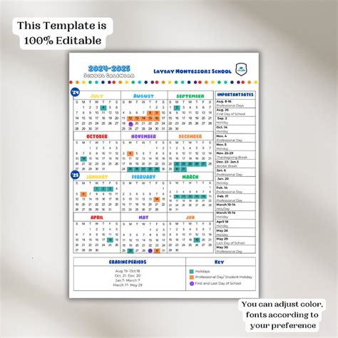 School Calendar 2024 2025 Perfect For Preschool Daycare Or Childcare