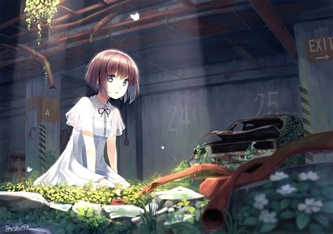 Anime Original Blue Eyes Brown Hair Flower Parking Garage Short