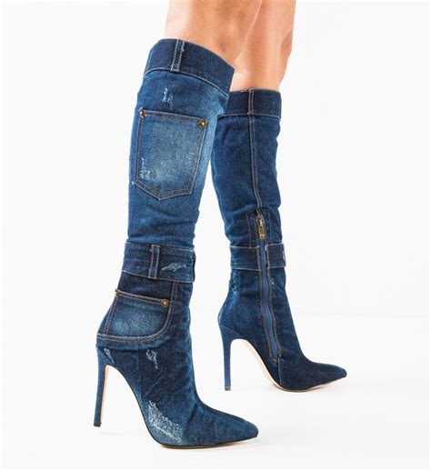 Denim Boots Blue Jean Boots Dark Blue Denim Boots High Heel Jean