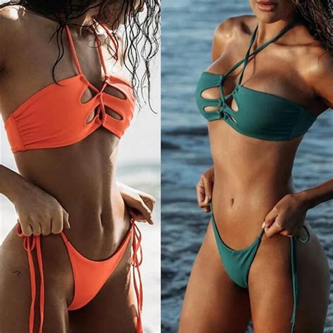 Women Bandage Bikini Set Summer Solid Swimsuit Hollow Out Bandeau Padded Strappy Bikini