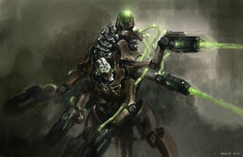 A Sci Fi Character With Green Lights On His Arm And Arms Outstretched