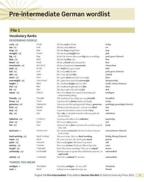 Pre Intermediate German Wordlist