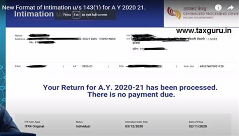 Itr Processing And Communication Ay 2020 21 Section 143 1 Intimation