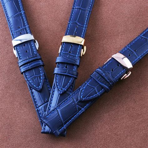 Replace 14mm 16mm 18mm 20mm 22mm Watchband Blue Genuine Leather Watch Bands With Butterfly