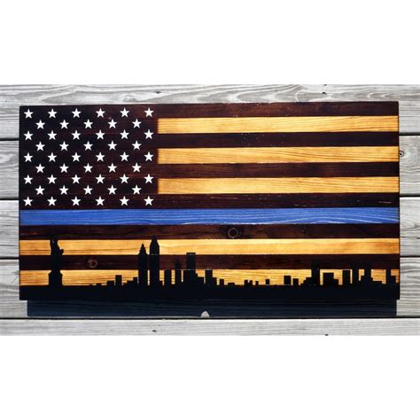 Nyc Skyline Blue Line Wooden Flag Police Officer T New Etsy