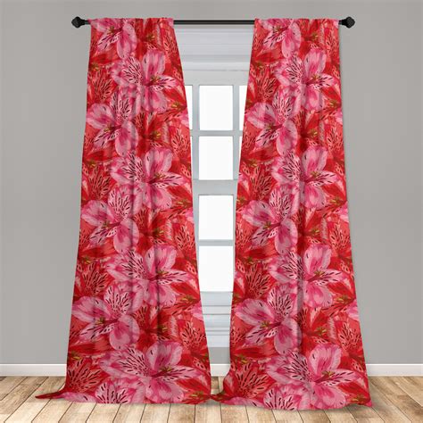 Ambesonne Floral Curtains Red Alstroemeria Flowers Art Pair Of 28x63 Pastel Pink And Dark